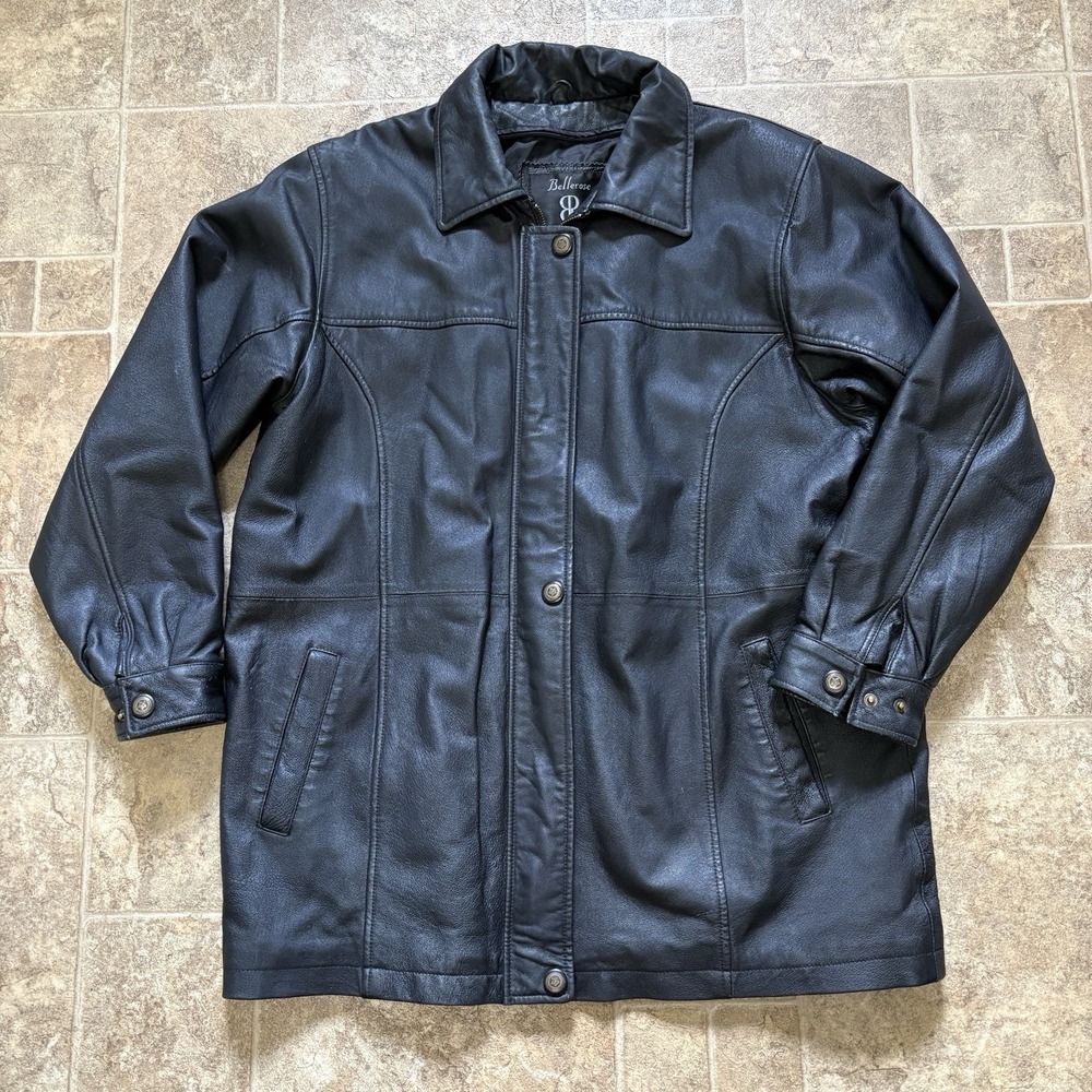 Bellerose BR Leather Collection Jacket Black Full Zip Belt Loops Size XL - Read!